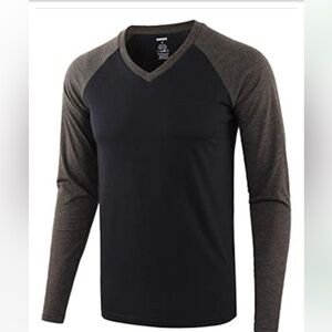 KNQR men’s size small V-neck Raglan T-shirt black charcoal gray long sleeves new